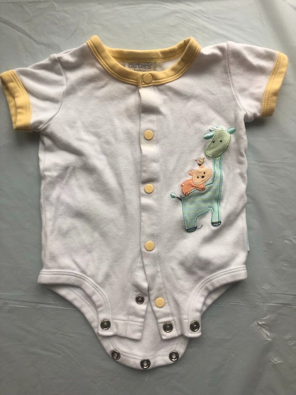 0-3 Months Carter's Baby; White Onesie w/yellow trim; Giraffe & bird on front